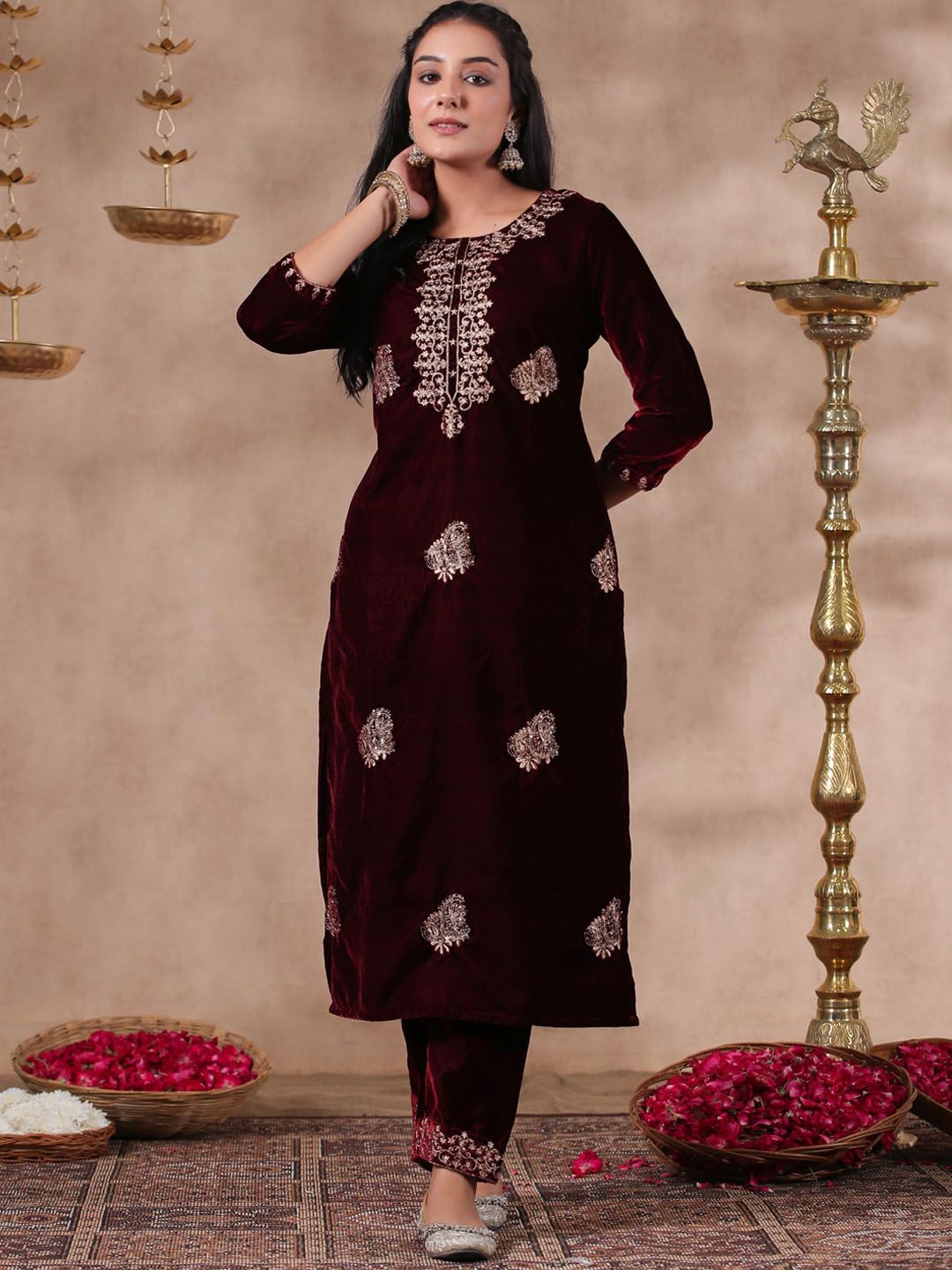 Dhiyona IS Women's Maroon Ethnic Motifs Embroidered Thread Work Velvet Kurta With Trousers