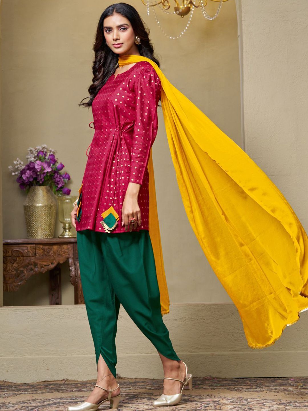Dhiyona SN Women's Cotton Silk Zari Embroidered Kurti Dhoti and Dupatta Set
