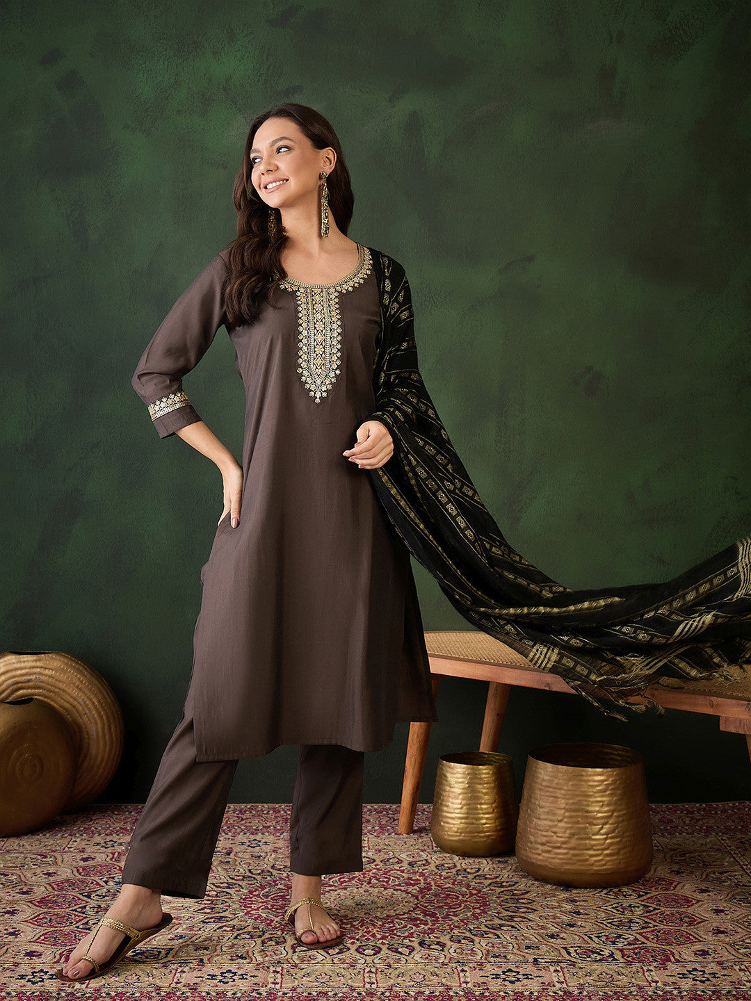 Dhiyona SN Women Embroidered Three Quarter Sleeves Kurta & Trousers With Dupatta