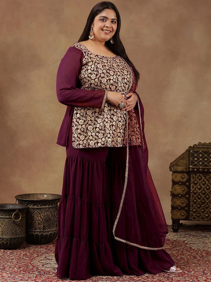 Dhiyona IN Floral Embroidered Regular Sequinned Straight Kurti with Sharara & Dupatta