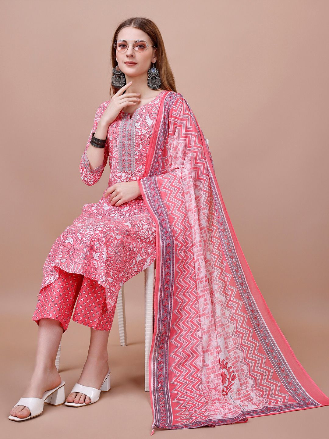 Dhiyona IS Women's Floral Printed Round Neck Pure Cotton Kurta with Trousers & Dupatta