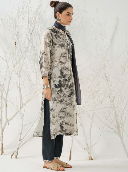 Dhiyona IS Women's Floral Printed Linen Straight Kurta with Trousers & Dupatta