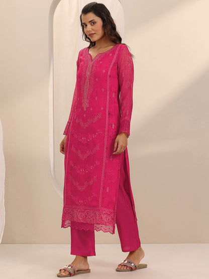 Floral Embroidered Notch Neck Thread Work Straight Kurta With Trousers & Dupatta