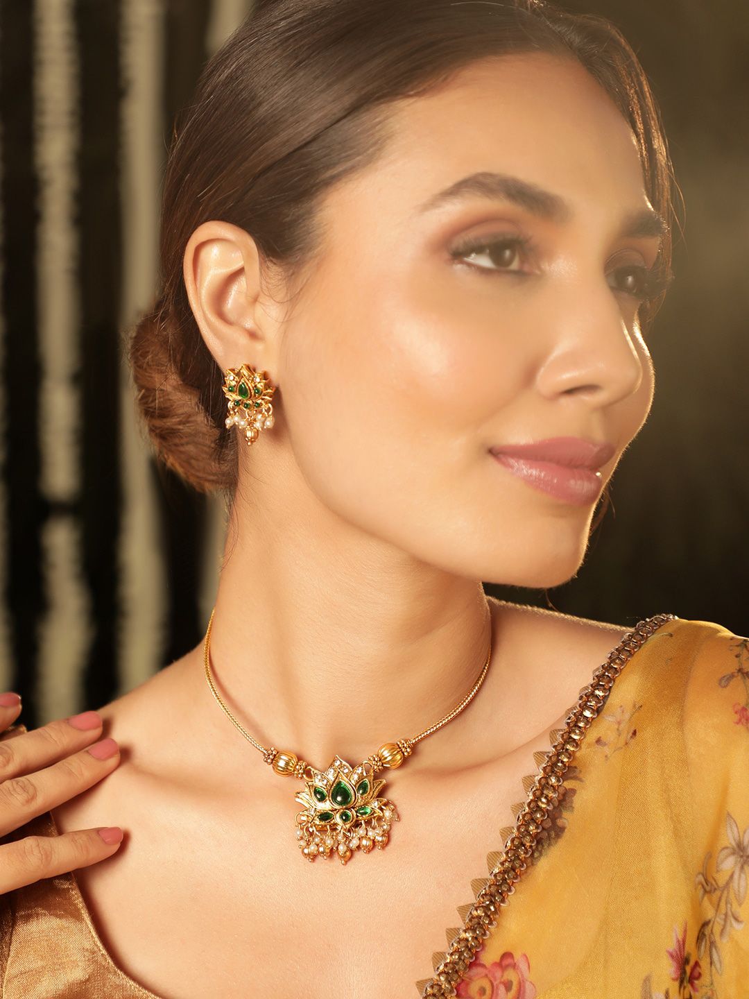 Dhiyona RJ Women's 22K Gold Plated 2 In 1 Lotus Motif Ruby & Emerald Stone Studded Jewellery Set