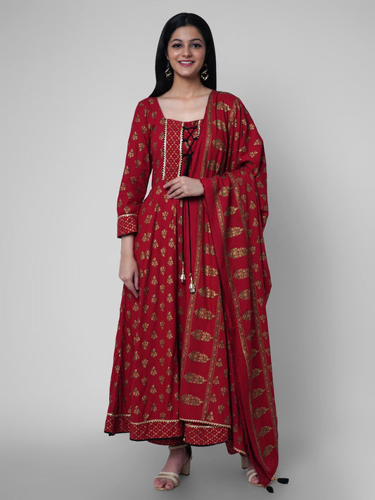 Dhiyona KL Women Red Ethnic Motifs Kurta with Churidar & With Dupatta