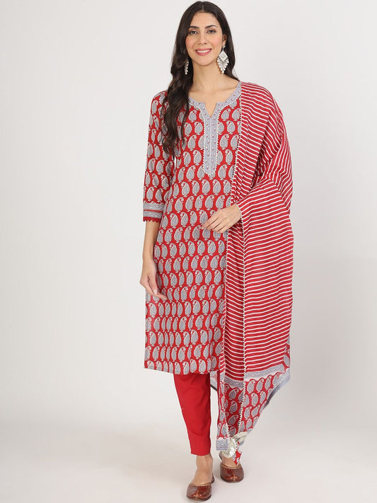 Dhiyona KL Paisley Printed Pure Cotton Kurta with Trousers & With Dupatta