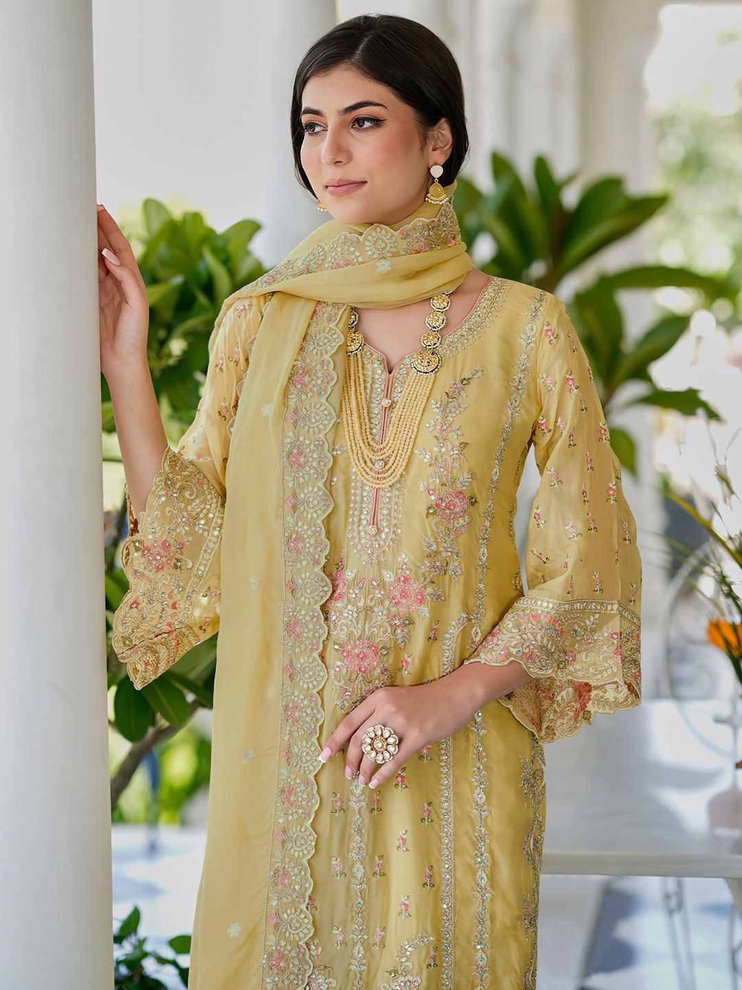 Ethnic Motifs Embroidered Panelled Sequinned Kurta With Trousers & Dupatta