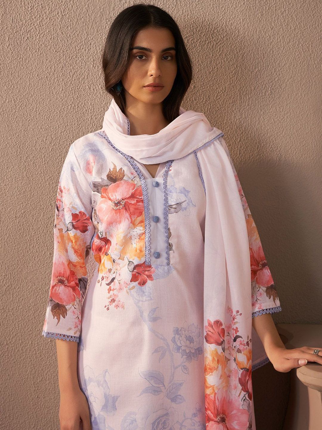 Dhiyona IE Floral Printed Beads and Stones Linen Straight Kurta with Trousers & Dupatta