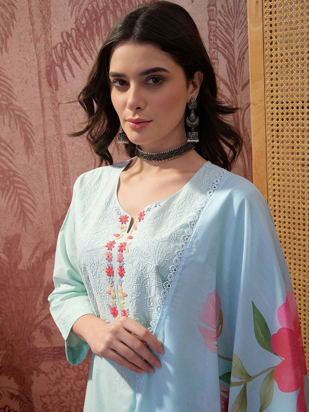 Printed Pure Cotton V Neck Kurta Sets