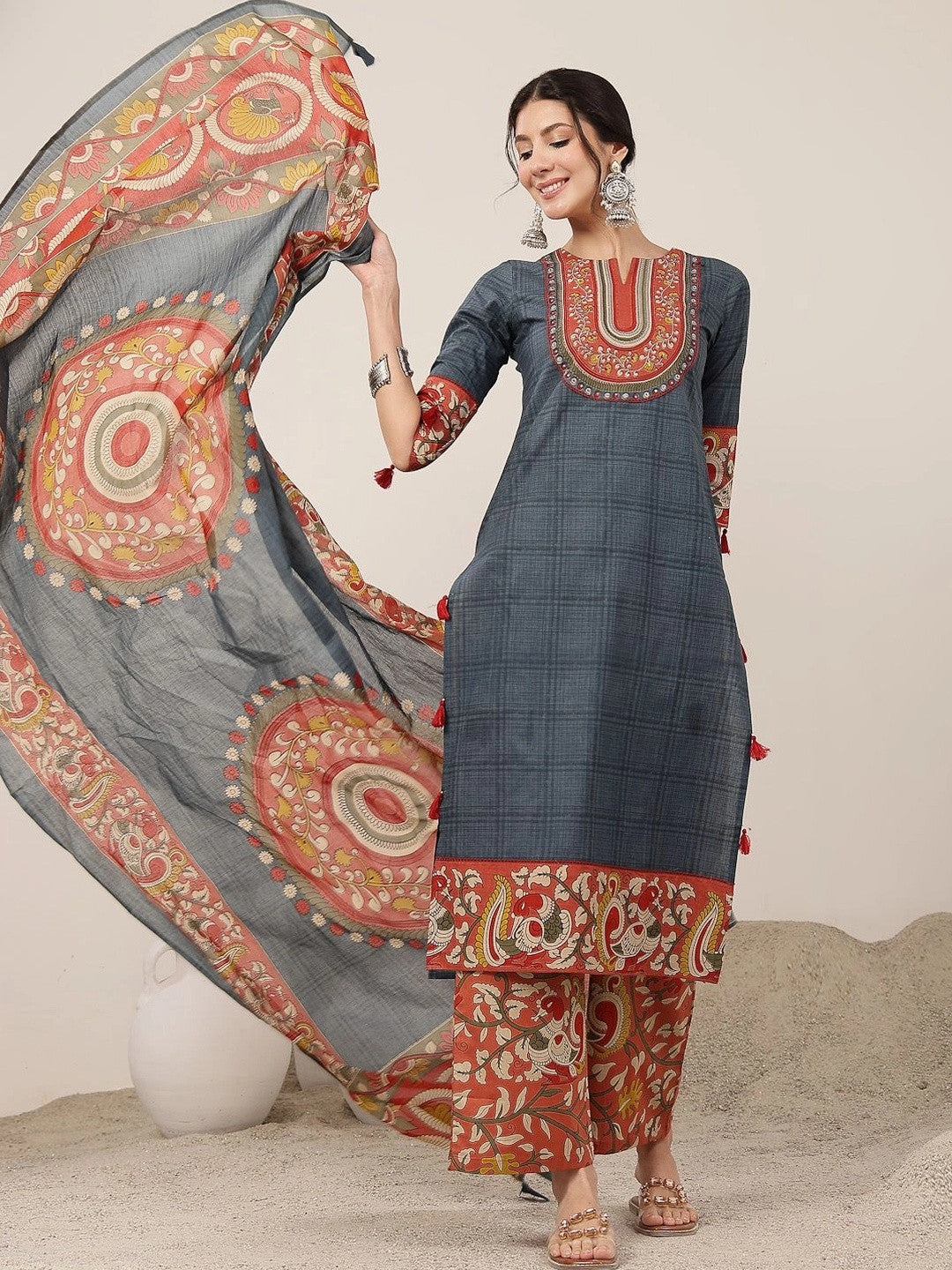 Dhiyona SN Women Ethnic Motifs Regular Pure Cotton Kurta with Palazzos & With Dupatta