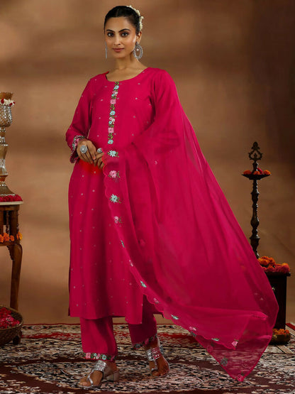 Women's LB Red Embroidered Silk Blend Straight Suit With Dupatta