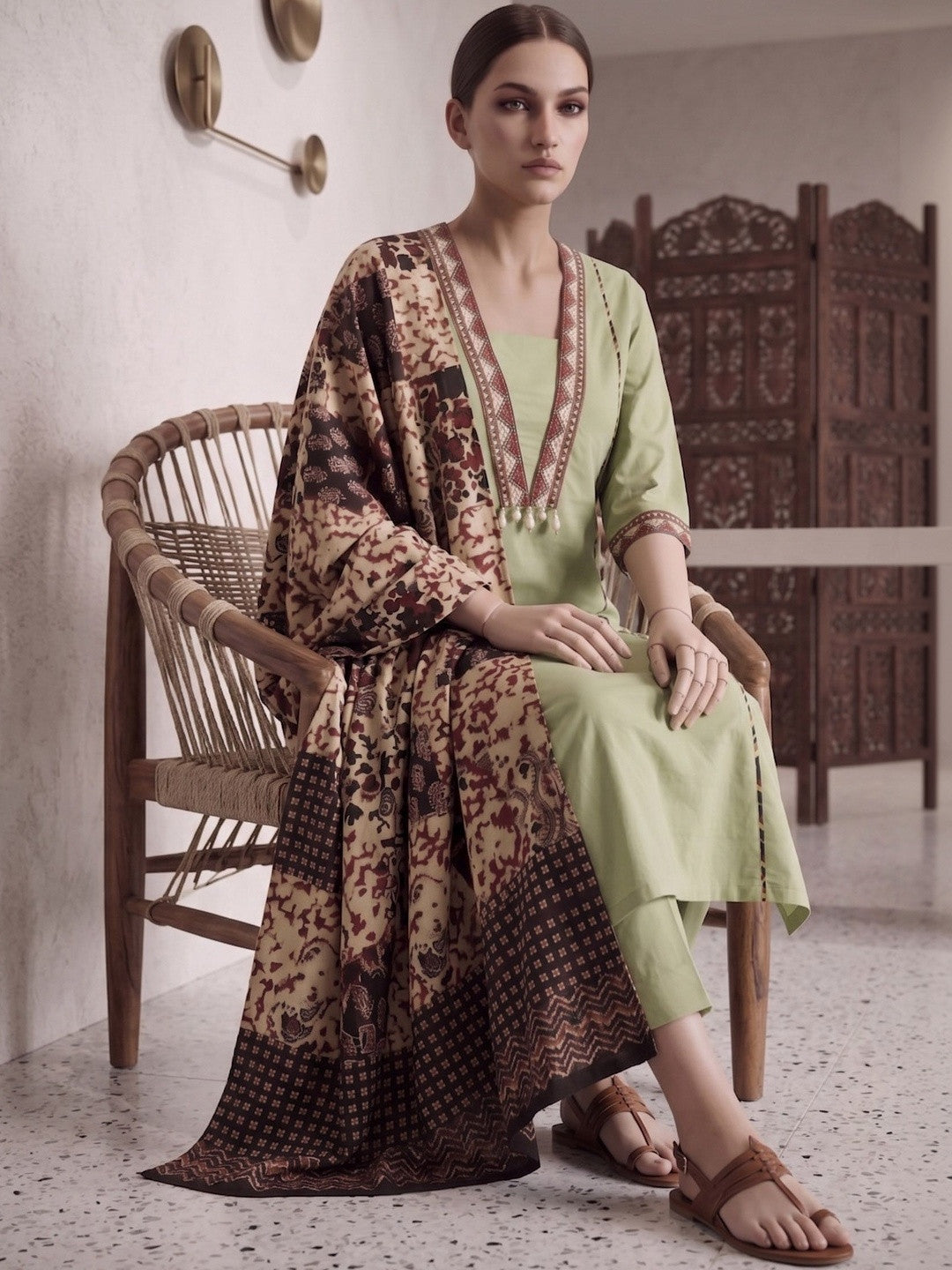 Dhiyona SN Embroidered Cotton Kurta & Palazzos With Dupatta Kurta Set