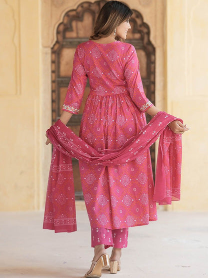 Dhiyona KL Bandhani Embroidered Regular Thread Work Pure Cotton Kurta with Trousers & Dupatta