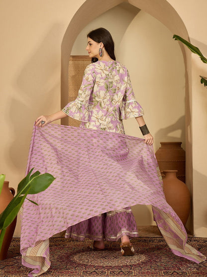 Floral Printed Notch Neck Thread Work Pure Cotton Kurta With Sharara & Dupatta