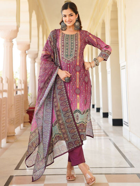 Dhiyona KL Floral Printed Round Neck Straight Kurta With Trousers And Dupatta