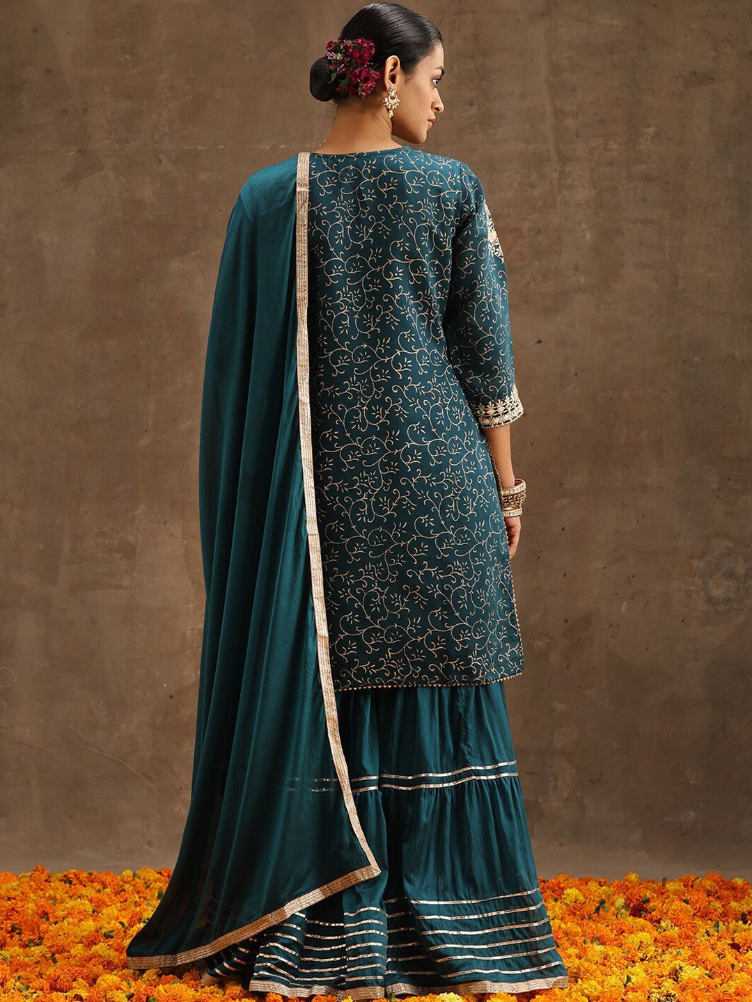 Dhiyona LL Womens Teal Yoke Design Straight Kurta With Sharara & Dupatta