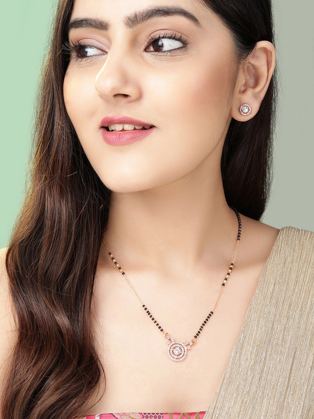 Dhiyona RJ Women's 18K Rose Gold-Plated Cubic Zirconia Studded Mangalsutra Set with Black Beads