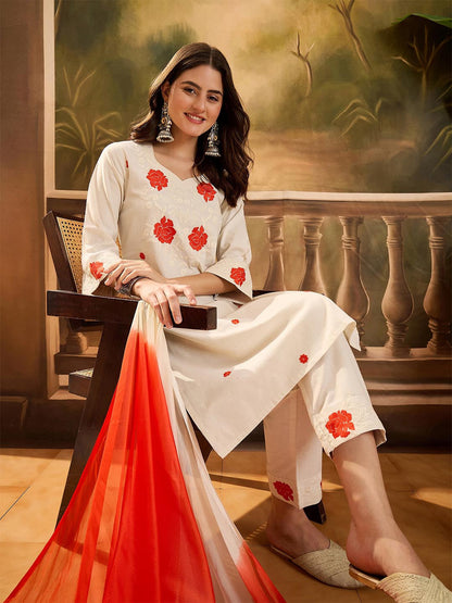 Women Floral Embroidered Kurta with Trousers & Dupatta