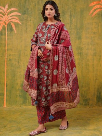 Dhiyona KL Women Floral Printed Regular Pure Cotton Kurta with Palazzos & With Dupatta