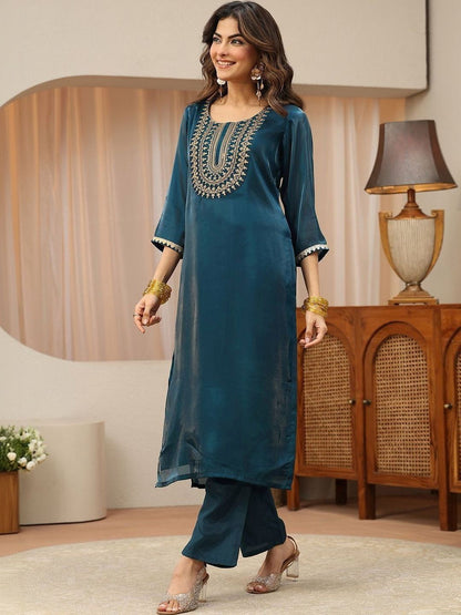 Libas Navy Blue Yoke Design Tissue Straight Suit Set