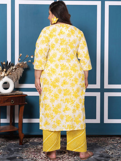 Dhiyona KL Plus Size Floral Printed Pure Cotton Straight Kurta with Palazzos & Dupatta