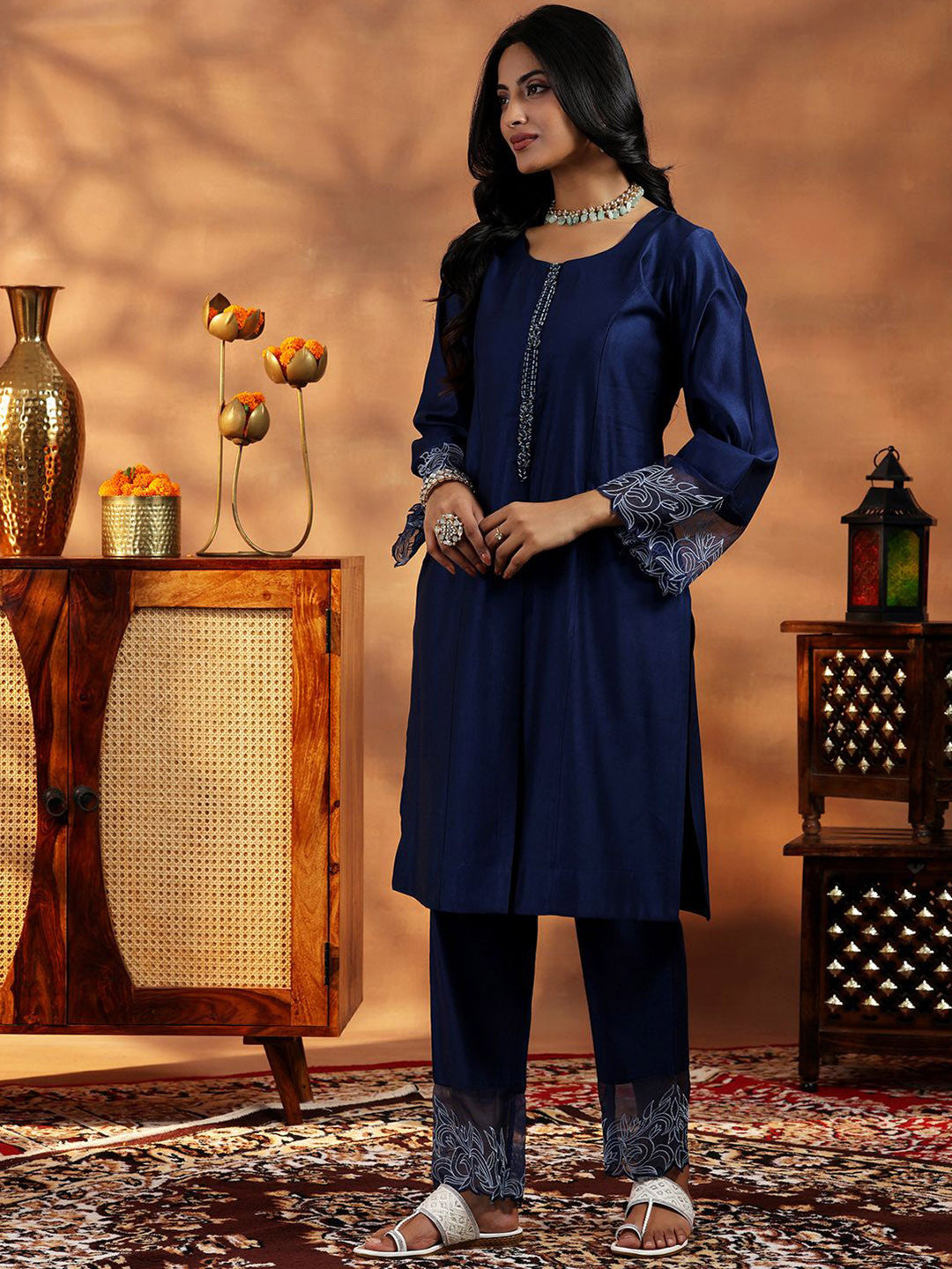 Floral Round Neck Panelled A Line Kurta with Trousers & Dupatta