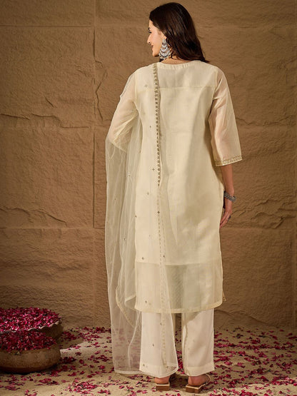 Dhiyona PD Women Floral Embroidered V-Neck Chanderi Cotton Kurta & Trousers With Dupatta