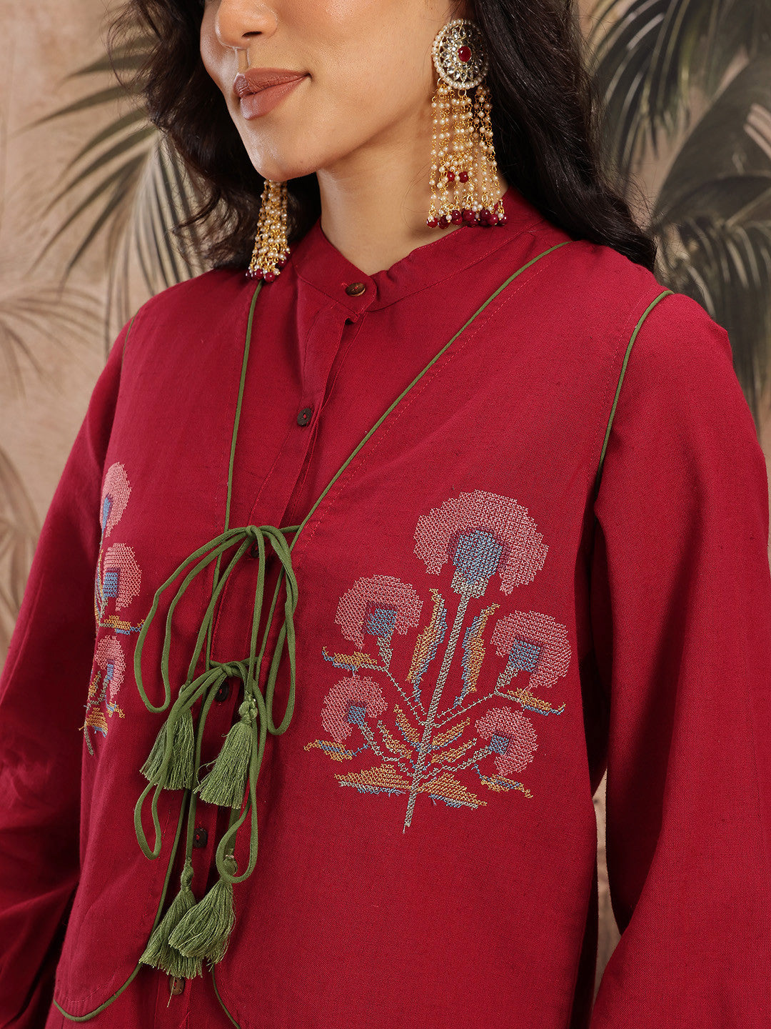 Pintucks Cotton-Linen Straight Kurti with Palazzos and Embroidered Waistcoat