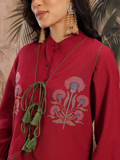 Pintucks Cotton-Linen Straight Kurti with Palazzos and Embroidered Waistcoat