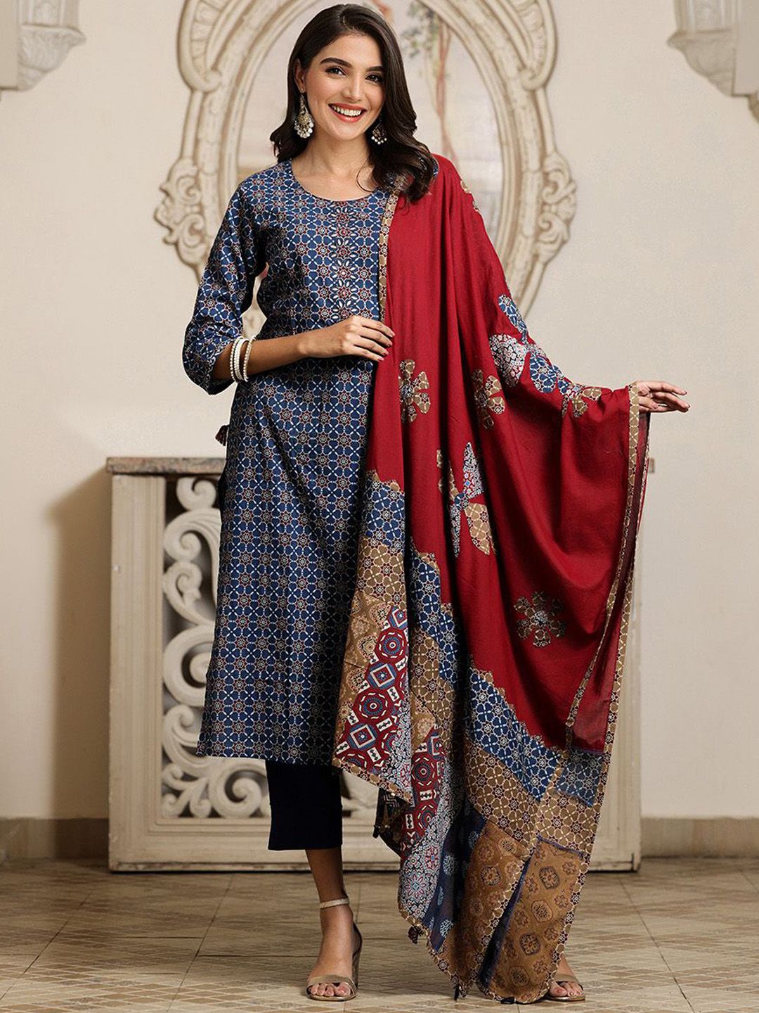 Dhiyona IS Women's Printed Applique Embroidered Pure Cotton Straight Kurta with Trouser & Dupatta