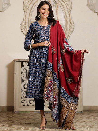 Dhiyona IS Women's Printed Applique Embroidered Pure Cotton Straight Kurta with Trouser & Dupatta