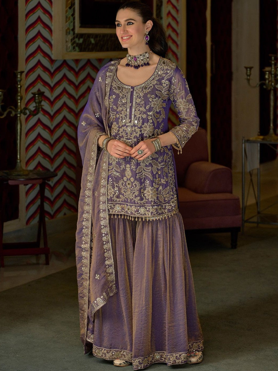 Women Ethnic Motifs Embroidered Regular Thread Work Kurta with Sharara & With Dupatta