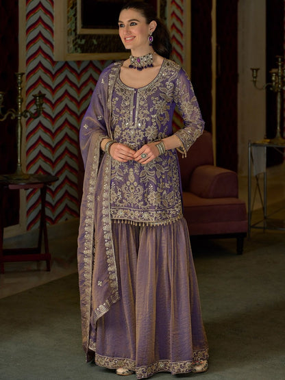 Women Ethnic Motifs Embroidered Regular Thread Work Kurta with Sharara & With Dupatta