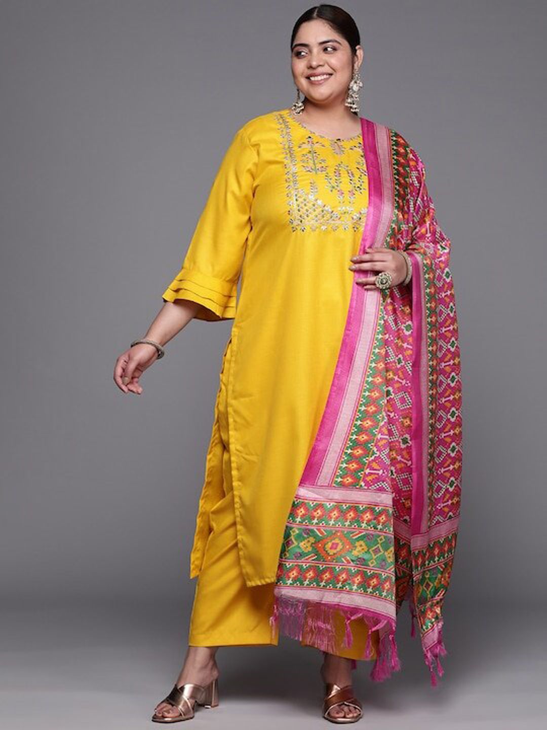Mustard Xtra Yoke Design Gotta Patti Pure Cotton Kurta With Trousers & Dupatta