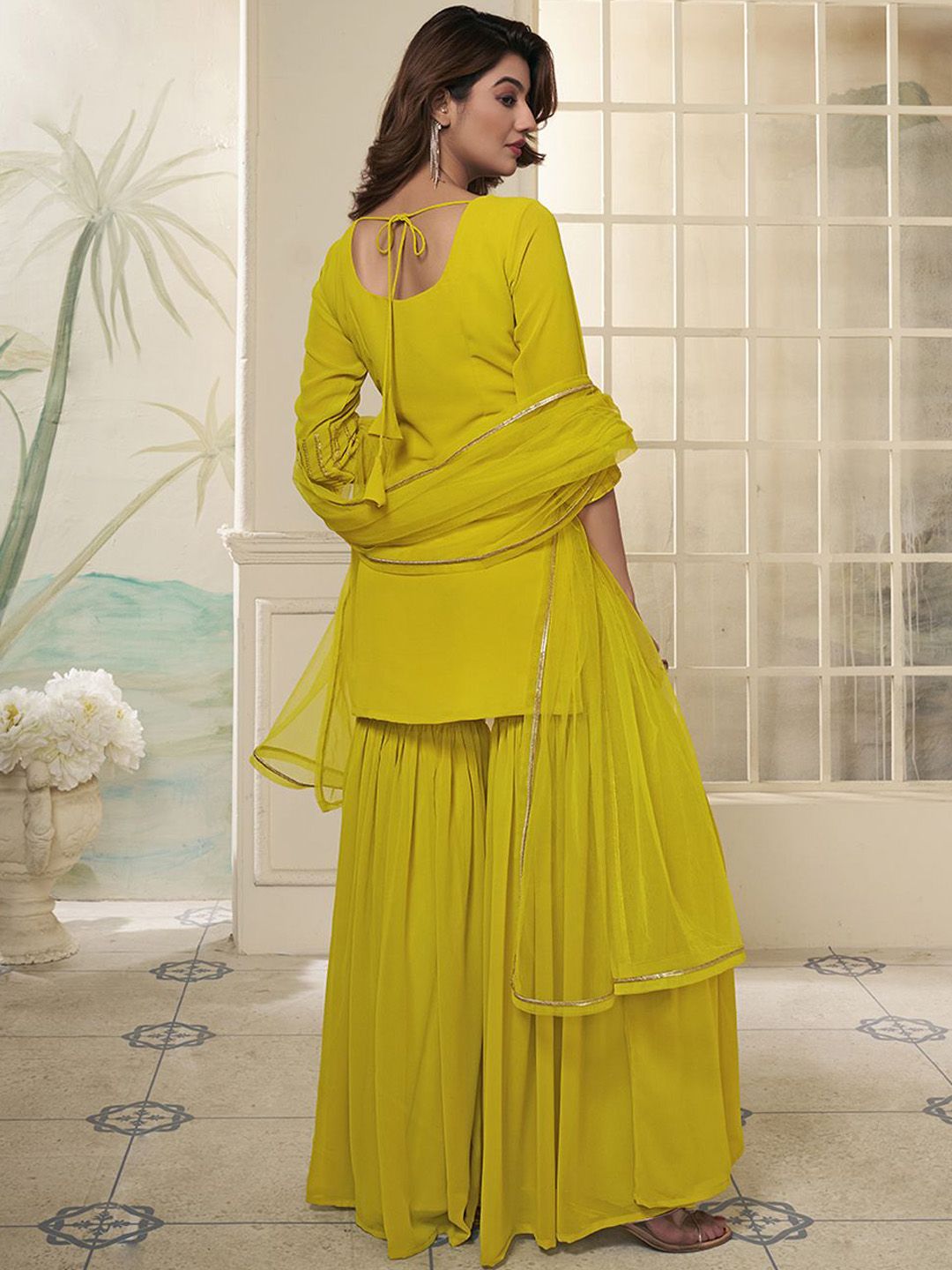 Dhiyona IN Striped Embroidered Straight Short Kurti With Sharara & Dupatta