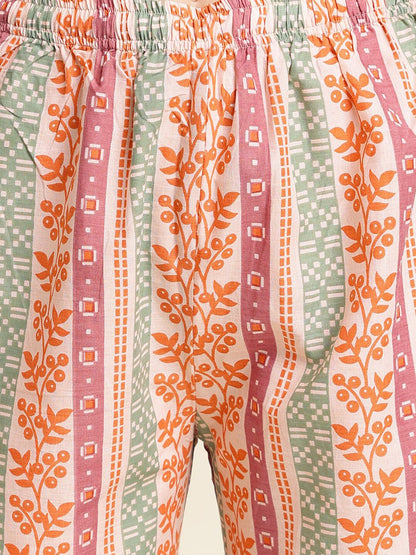 Dhiyona IS Women's Peach Floral Printed Pure Cotton Empire Kurta With Trousers
