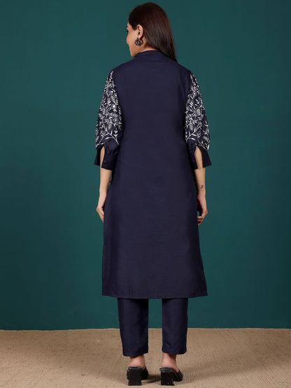 Navy Blue Women Regular Thread Work Kurta with Trousers