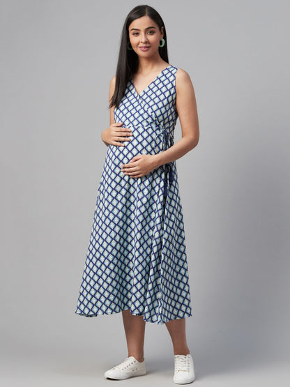 Dhiyona AY Women's Blue & White Printed Maternity Wrap Dress
