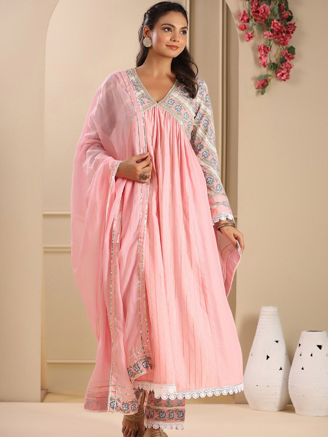 Dhiyona IS Women's Floral Yoke Design Pleated Empire Kurta with Trousers & Dupatta
