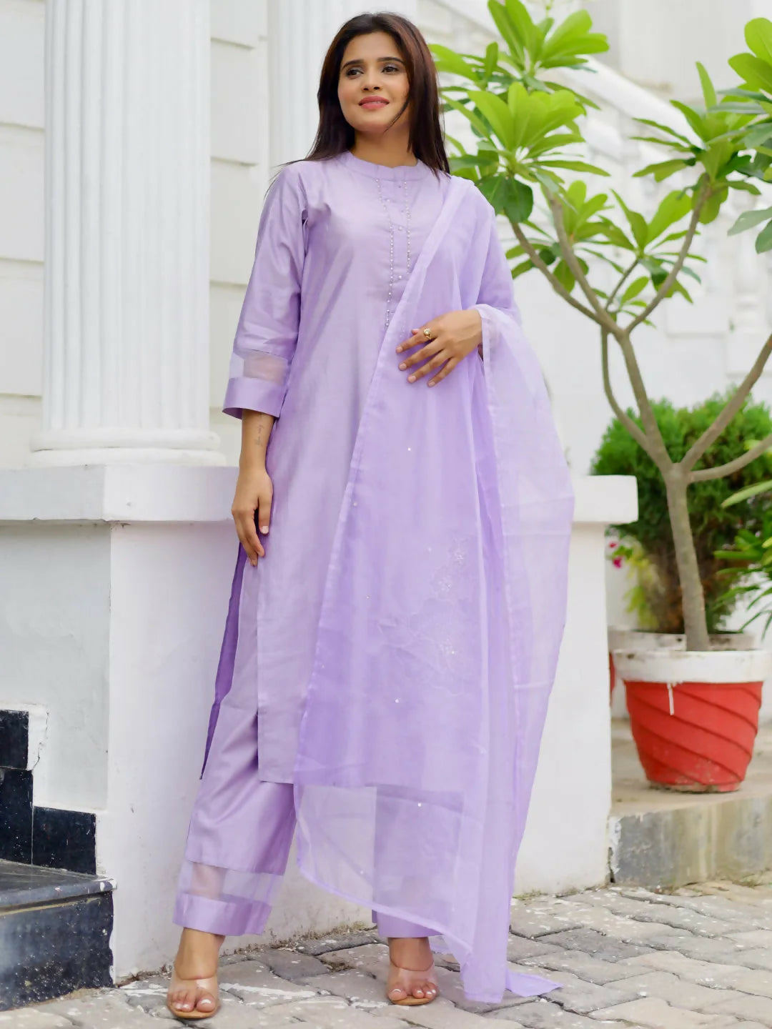 Women's LB Lavender Solid Silk Blend Straight Suit With Dupatta