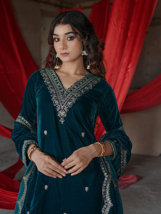 Dhiyona LL Floral Embroidered Zari Velvet Straight Kurta With Palazzos & Dupatta