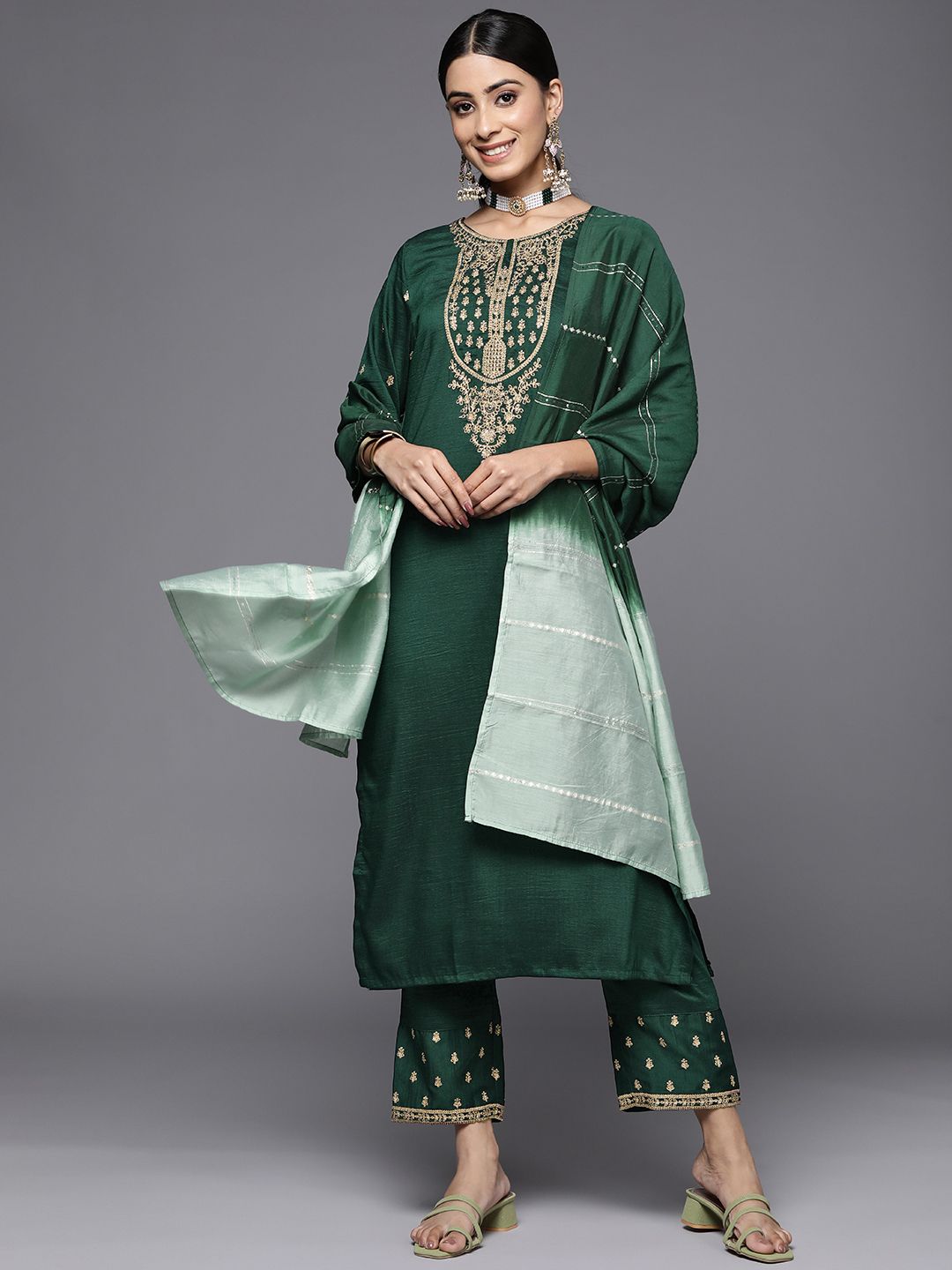 Dhiyona VA Women's Green Ethnic Motifs Embroidered Kurta with Trousers & Dupatta