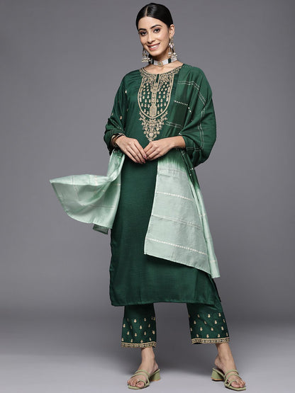 Dhiyona VA Women's Green Ethnic Motifs Embroidered Kurta with Trousers & Dupatta