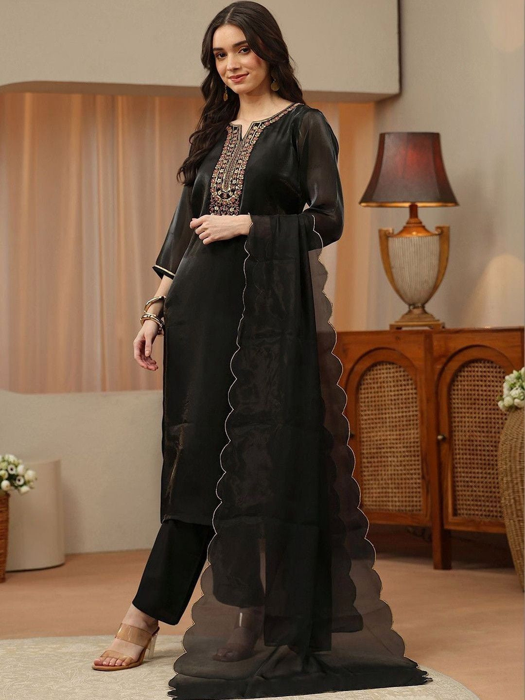 Libas Black Floral Yoke Design Tissue Straight Suit Set
