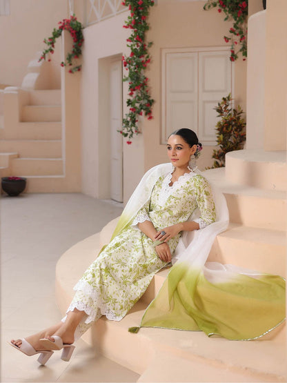 Dhiyona RR Women's Floral Printed Pure Cotton Straight Kurta With Trousers & Dupatta