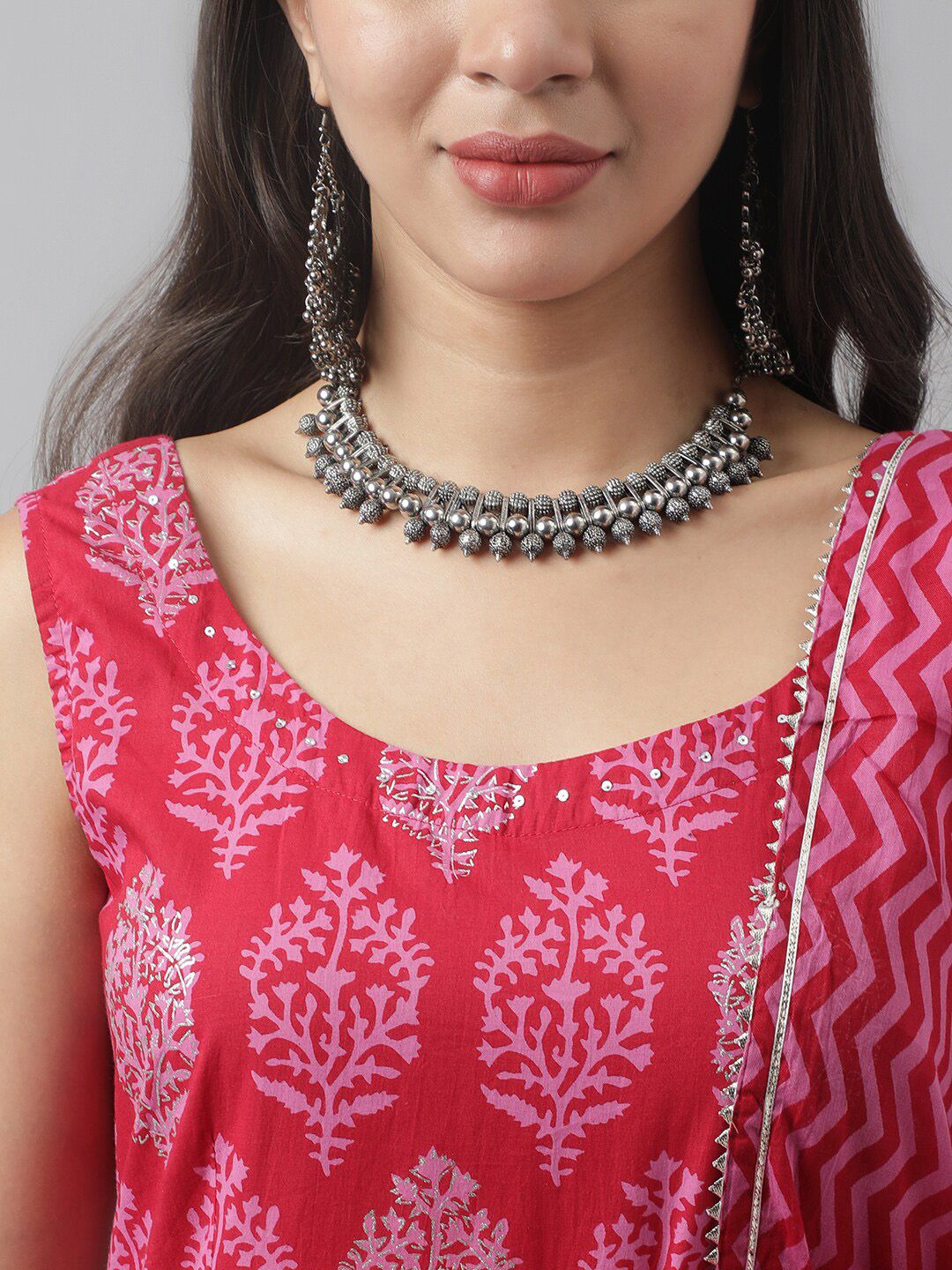 Dhiyona KL Ethnic Motifs Printed Sequinned Cotton Anarkali Kurta & Trousers With Dupatta