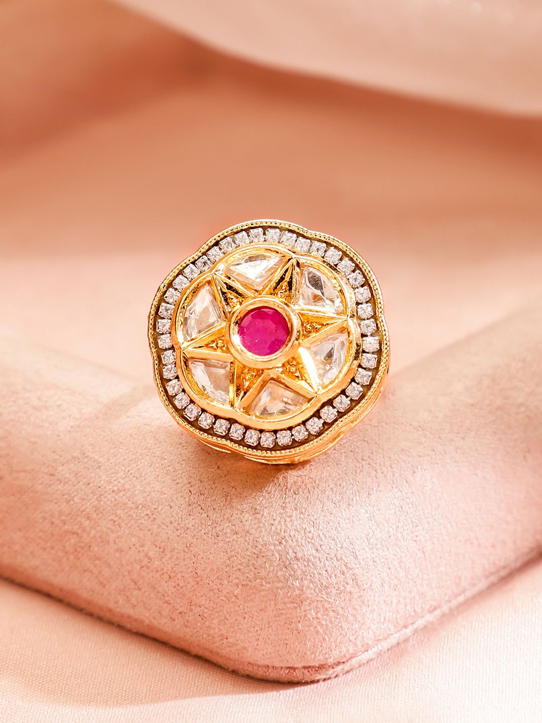 Dhiyona RJ Women's 18K Gold Plated Ruby With Kundan & Cubic Zirconia Studded Adjustable Finger Ring