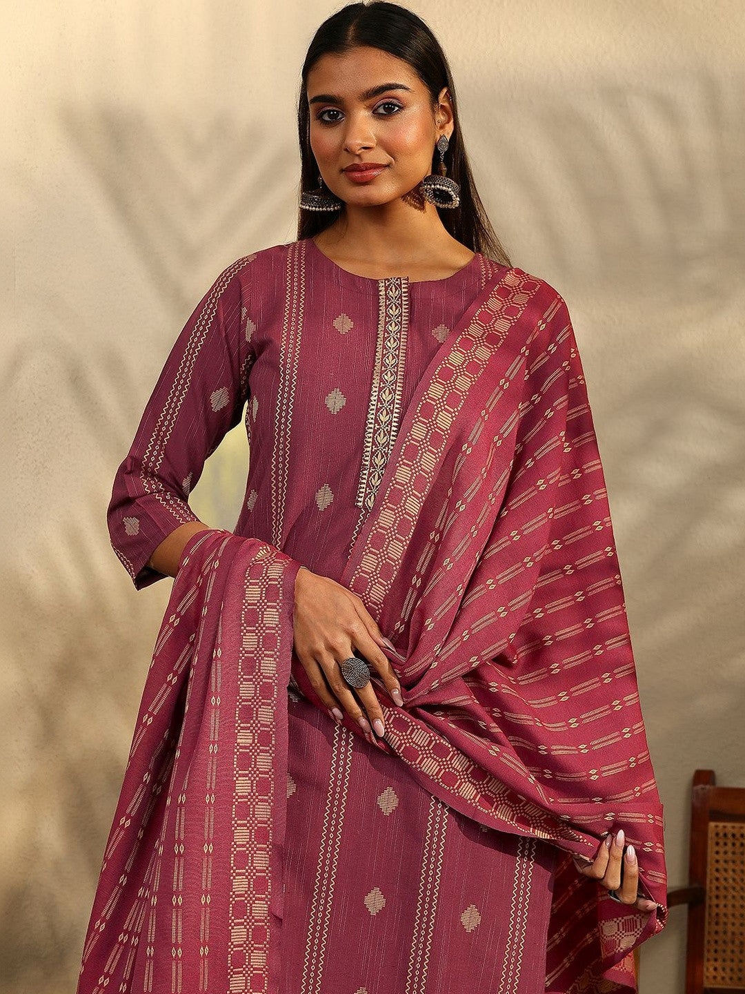 Women Ethnic Motifs Printed Regular Thread Work Kurta with Trousers & With Dupatta