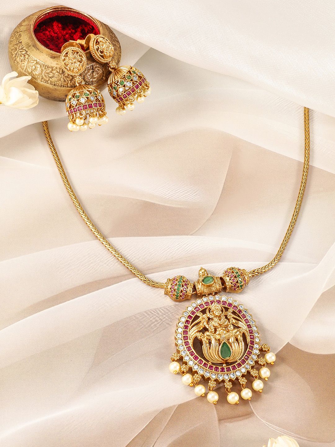 Dhiyona RJ Women's 22KT Gold-Plated Cubic Zirconia Studded Laxmi Temple Jewellery Set