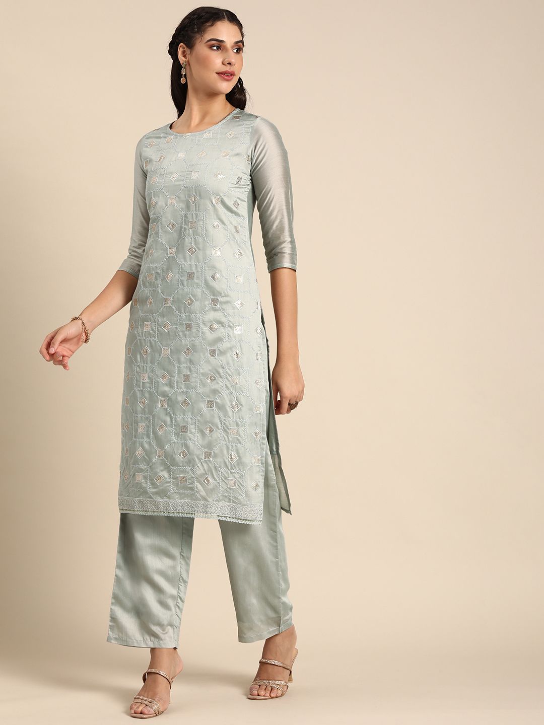 Dhiyona SN Women Grey Ethnic Motifs Embroidered Regular Sequinned Chanderi Silk Kurta with Palazzos & With